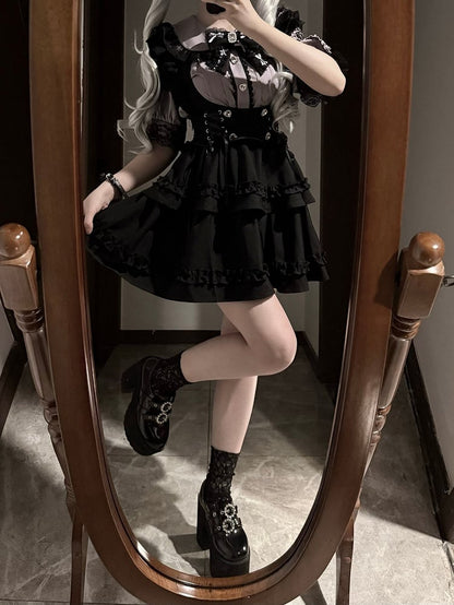 Set Lace-up Overall Skirt Jirai Waist Kei Purple Peter Pan Collar Blouse with Black
