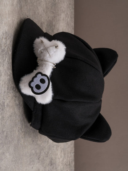 Schwarze Applikation Baskenmütze Pin Gothic Hut Knochen Ohr Skelett Plüsch verziert Design Katze