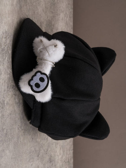 Applikation Baskenmütze Knochen Pin Katze Hut Plüsch Skelett Design verziert Ohr Gothic schwarz