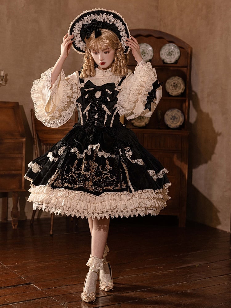 Decoration Dress JSK Velvet Candle Embroidery Lolita / Bows Black