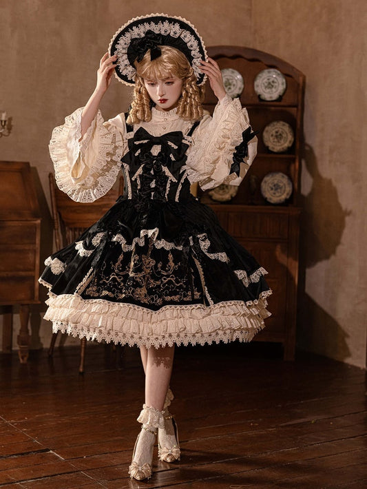 Decoration Dress JSK Velvet Candle Embroidery Lolita / Bows Black