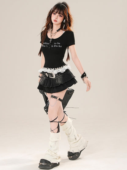 Lace Letter Neck T-shirt Black/White Glamorous Print Trim Halter