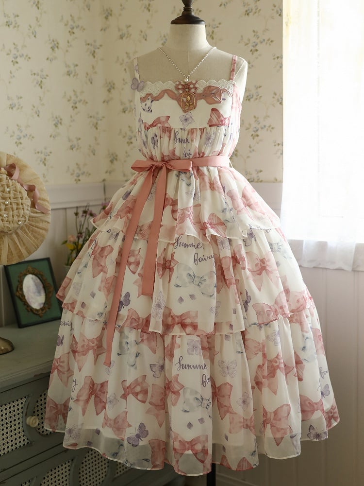 Robe Lolita d'été rose taille haute avec jupe à volants et nœuds