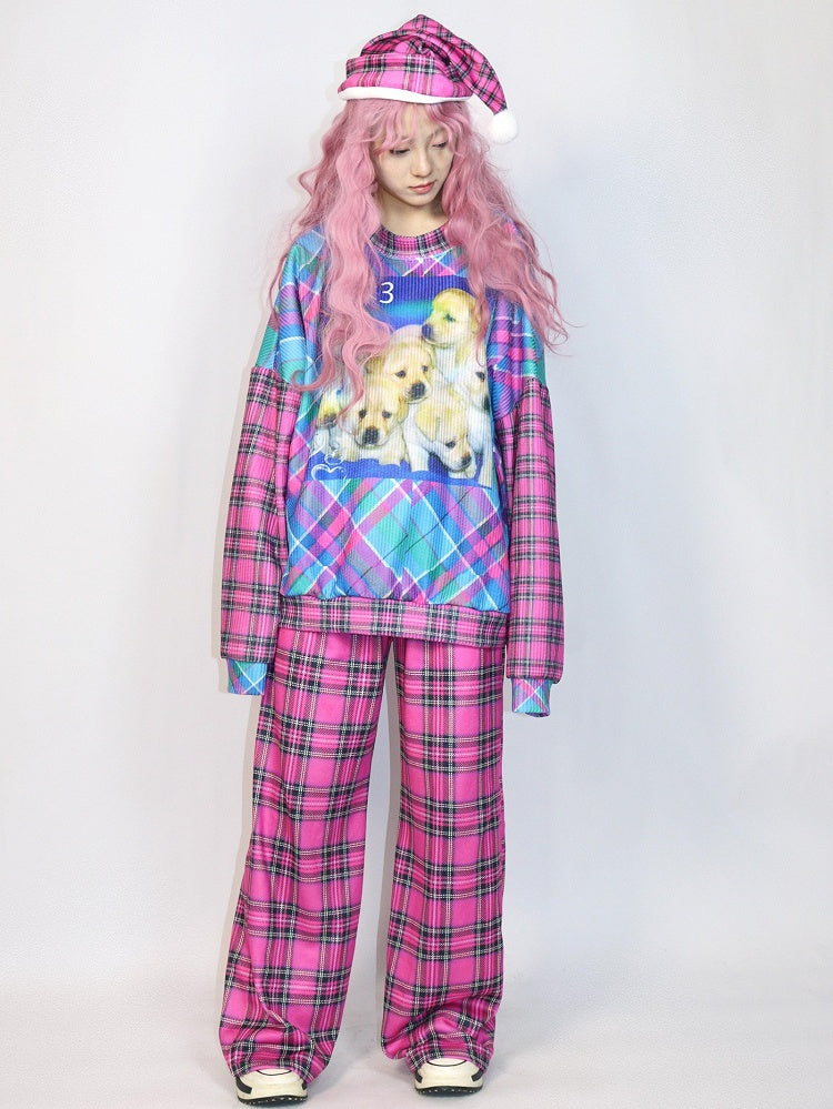 Pink Gyaru Oversized Sweatshirt With Plaid Pattern And Puppy Print Fashion and Blue