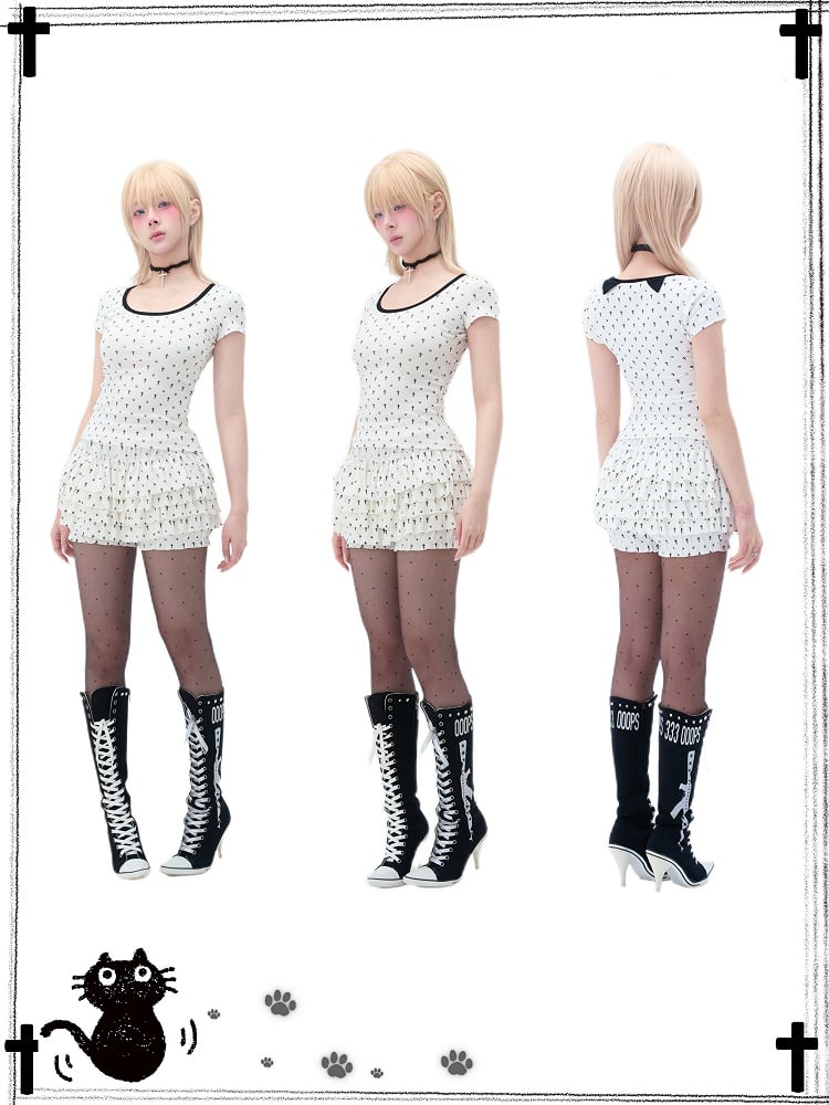 Detail Back Cat Paw Print Cat Ears and T-Shirt White at Allover Black Cross Pastel Gothic