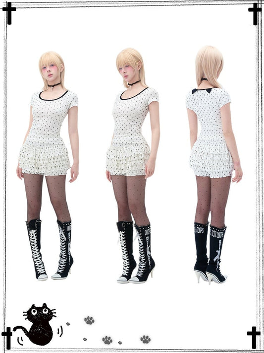 Detail Back Cat Paw Print Cat Ears and T-Shirt White at Allover Black Cross Pastel Gothic