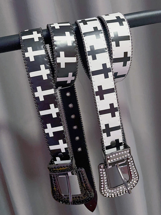 Strass verziertes Perlen- und Punk-Kreuz in Weiß/Schwarz