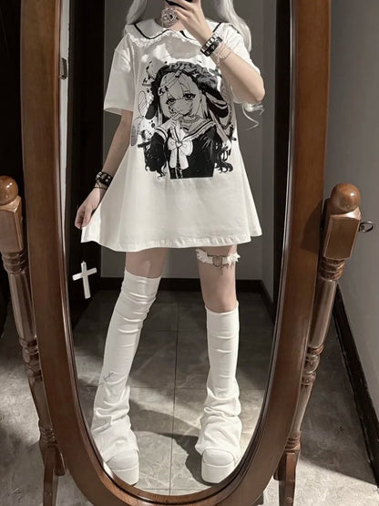 Pan Jirai Kei T-Shirt Weiß Anime Girl Print Peter Collar