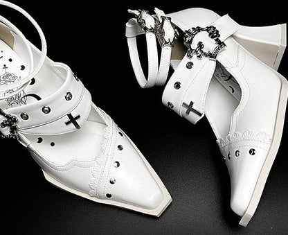 Punk Pointed Toe High Block Heels in White Coffin Buckles and Metal Cross with Gothic 8.5cm