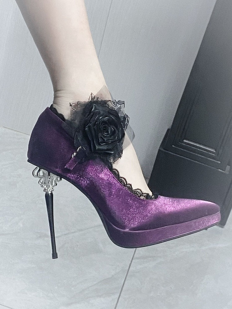 Satin Heels Gothic Pointed Purple Floral High Decorated Toe