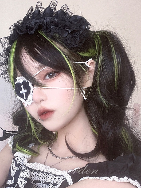 Black And Green Highlights 60CM Long Wavy Wig With Bangs