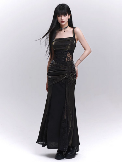 Waist Drawstring Black Lace Hip Sleeveless Dress Patches