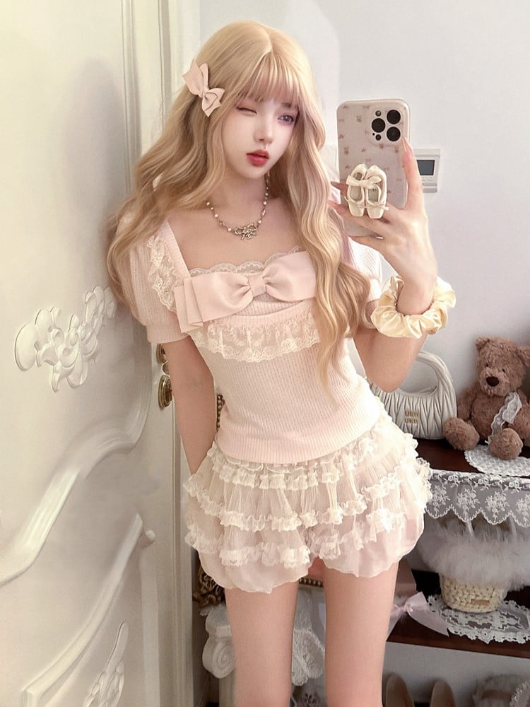 Pink With Sleeve Top Bow Lace Puff Trim Playful Slim-Fit