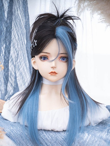 Black and Blue Highlights Long Straight Synthetic Wig With Bangs