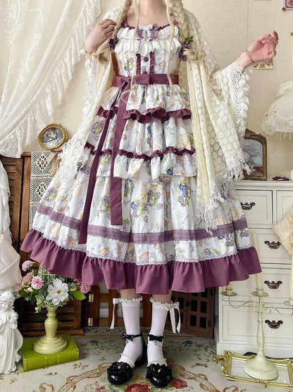 Ice Print Lolita Tiered Trimming Purple Skirt Dress Cream Blueberry Ruffle and