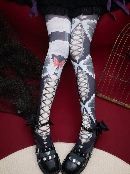 Butterfly Print Crisscorss Banded Tights And Asymmetrical Pink/Blue/Black/Yellow/Red