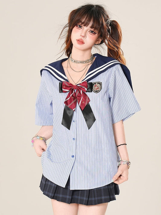 Collar Blue Pattern Bow Daily Sailor With Striped Kawaii Shirt