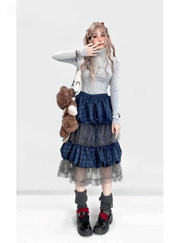 Blue Plaid Pattern Patchwork Design Tiered Bubble Skirt