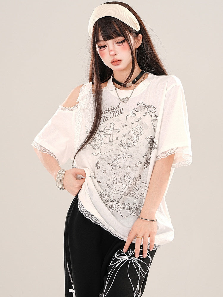 Weißes, lockeres T-Shirt mit Grafik und Cut-Outs an der Schulter
