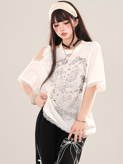Weißes, lockeres T-Shirt mit Grafik und Cut-Outs an der Schulter