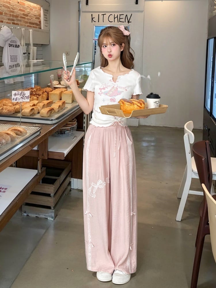 Sweet Regular/Short Pink High Version Waist Wide-Leg Pants Bowknot Embroidery