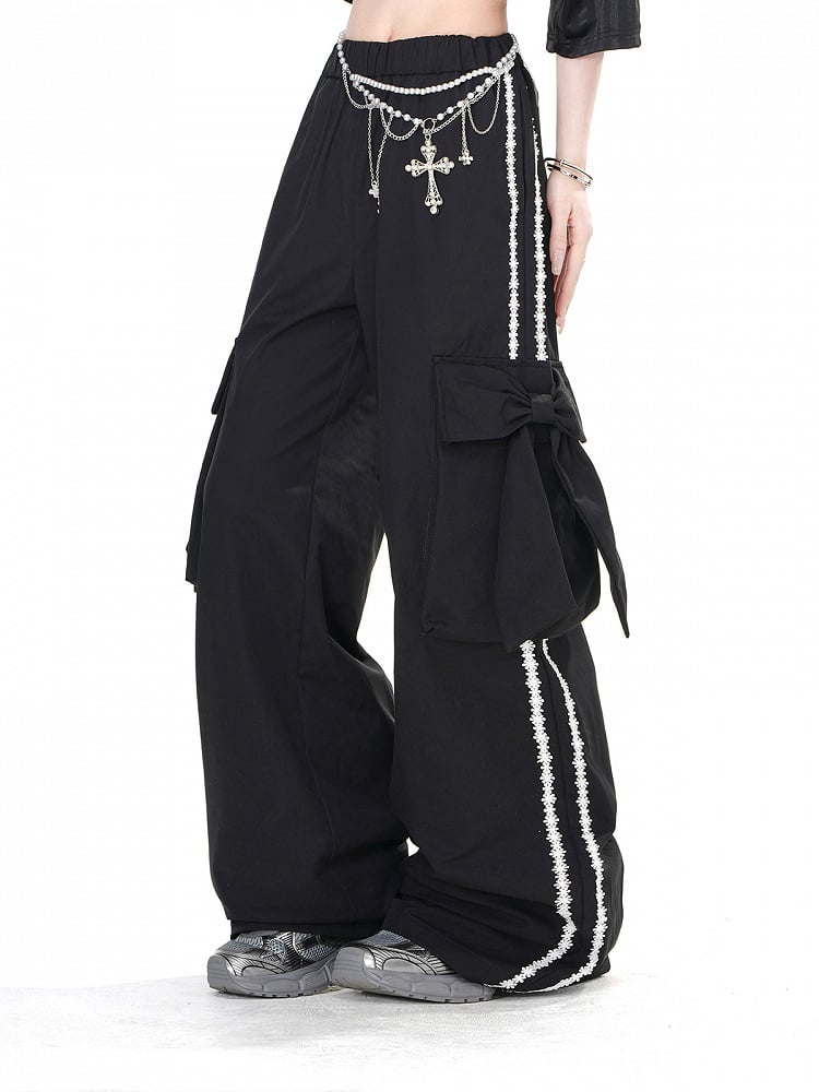 Black Wide-leg Pants with Big Bow Cargo Pockets