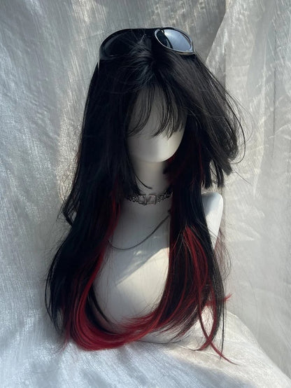 Black Red Highlight Hime Cut Long Straight Halloween Synthetic Wig