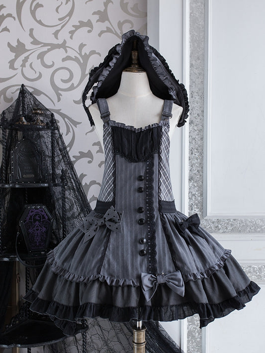 Detachable Bodice Gray Dark Overall Hood Plaid Lolita Ears Bunny Dress with Pattern