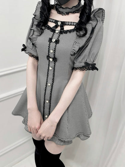 Set - Flutter Sleeves Self-tie Bow Back Mini Dress + Shorts Houndstooth Jirai Kei + Choker