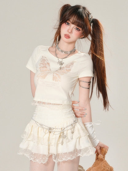 Lace T-shirt Butterfly Beige/Black Glamorous Bittersweet