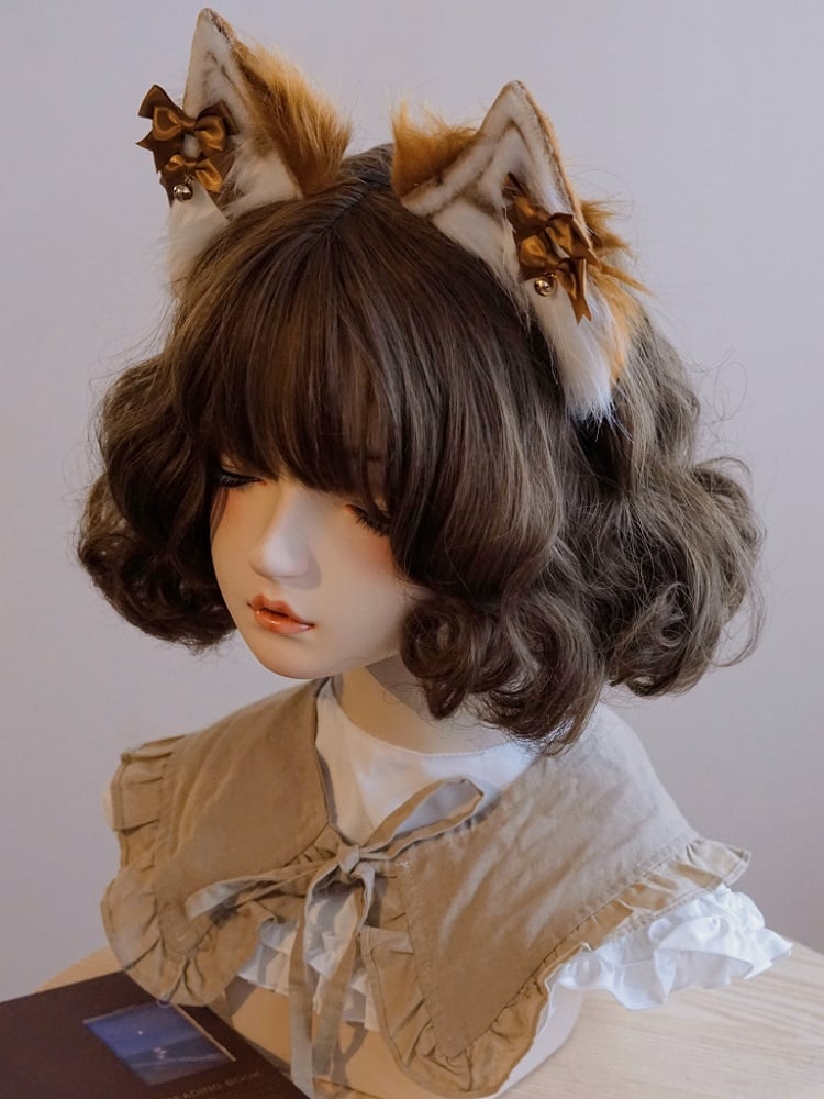 Bowknot Charm Ear Plush Brown Details Bell Cat KC