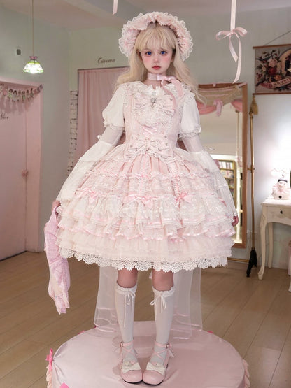 Pink Hanayome Bowknots Decorated Layered Skirt Sweet Hime Lolita Jumper Skirt Set