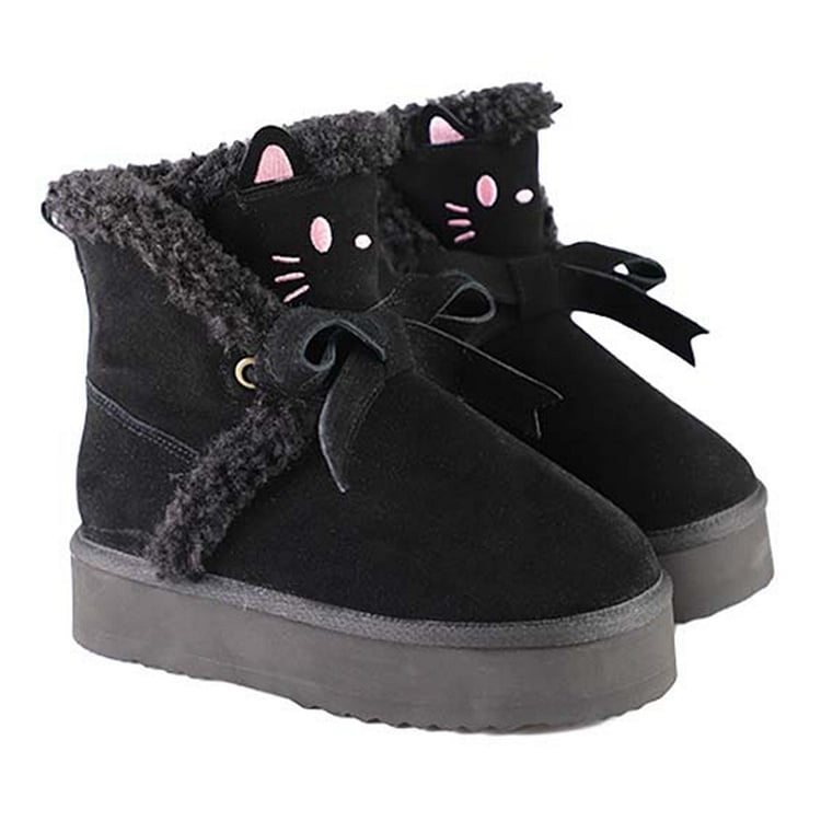 Black Kitty Bow Accent Fleece Lined Platform Winter Ankle Boots