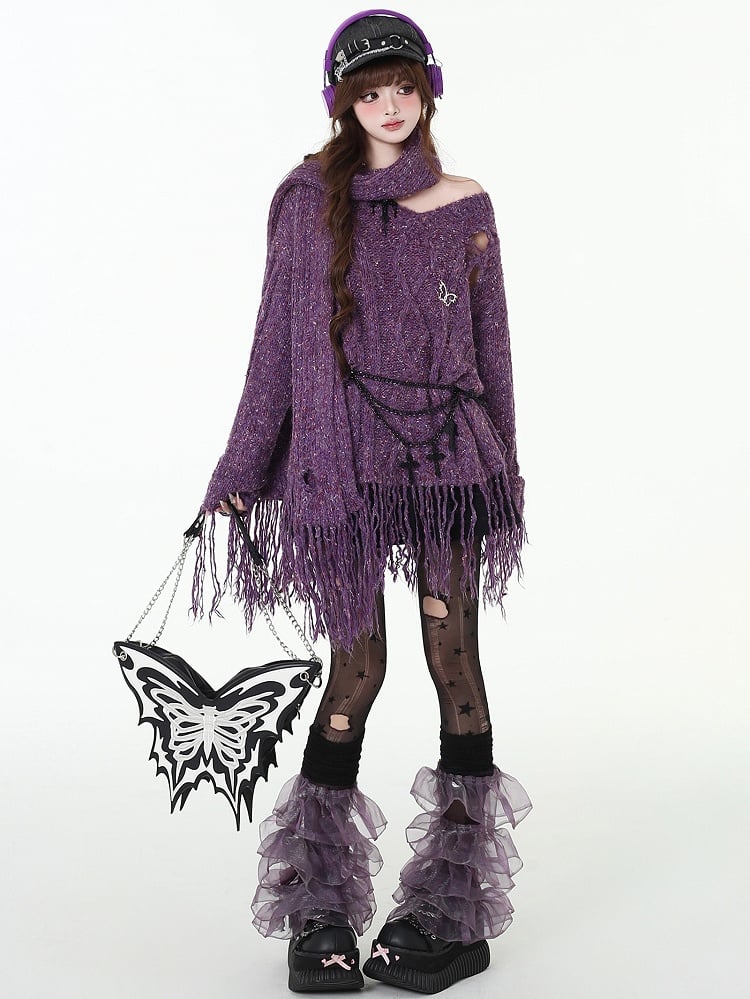 Distressed Holes Fringe Hem Purple Sweater with Free Sacrf