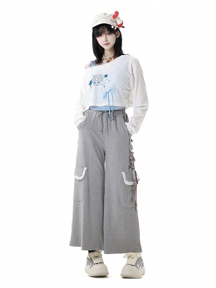 Gray Drawstring Waist Lace-up Details Side Wide-Leg Pants