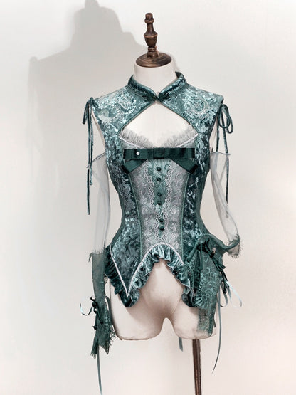 Green Cheongsam Collar Snake Bones Embroidery Velvet Sleeveless Top