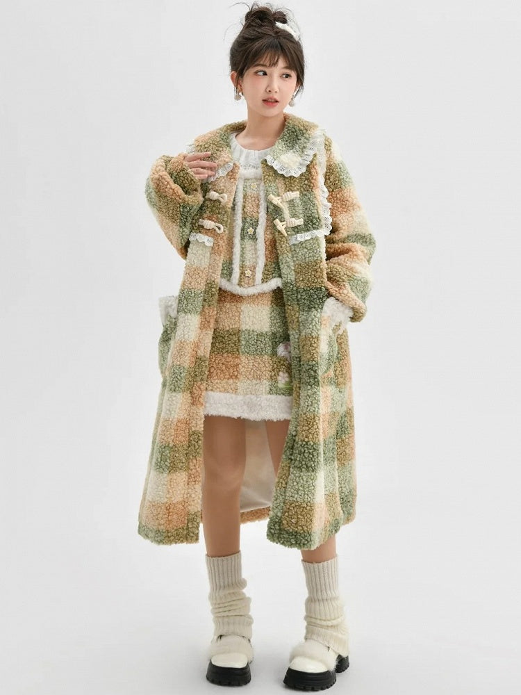 Green Polo Collar Lace Trim Plaid Fleece Coat
