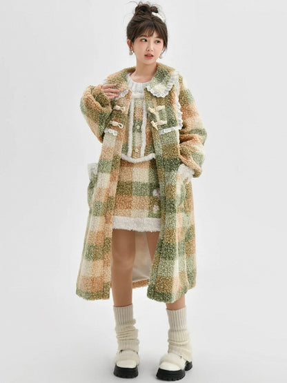 Green Polo Collar Lace Trim Plaid Fleece Coat