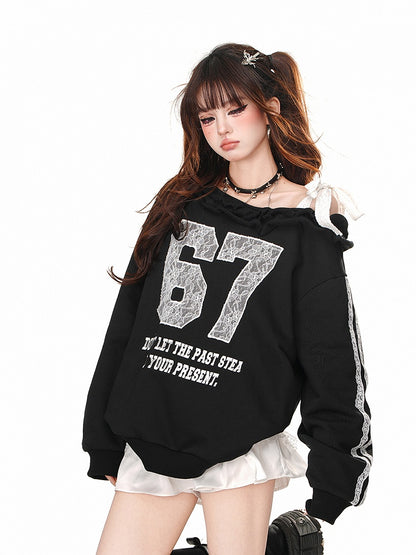 Black One-Shoulder Sweatshirt with Lace Applique and Embroidered Details