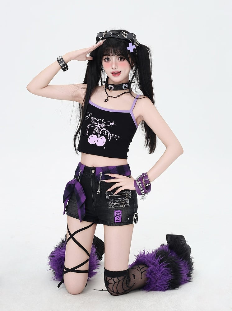 Purple Plaid Bowknot Black Glamorous Denim Shorts