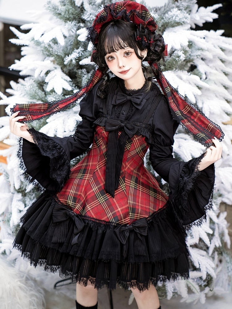 Red Plaid Black Bows Decorated Double Layered Hemline Gothic Lolita Jumper Skirt