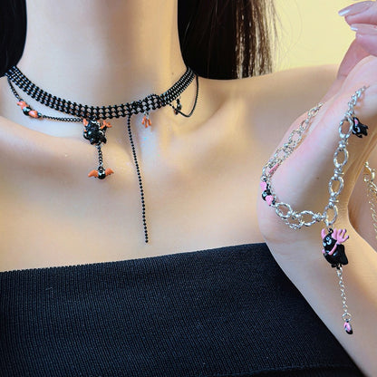 Collier pendentif petit diable rose/orange Y2K