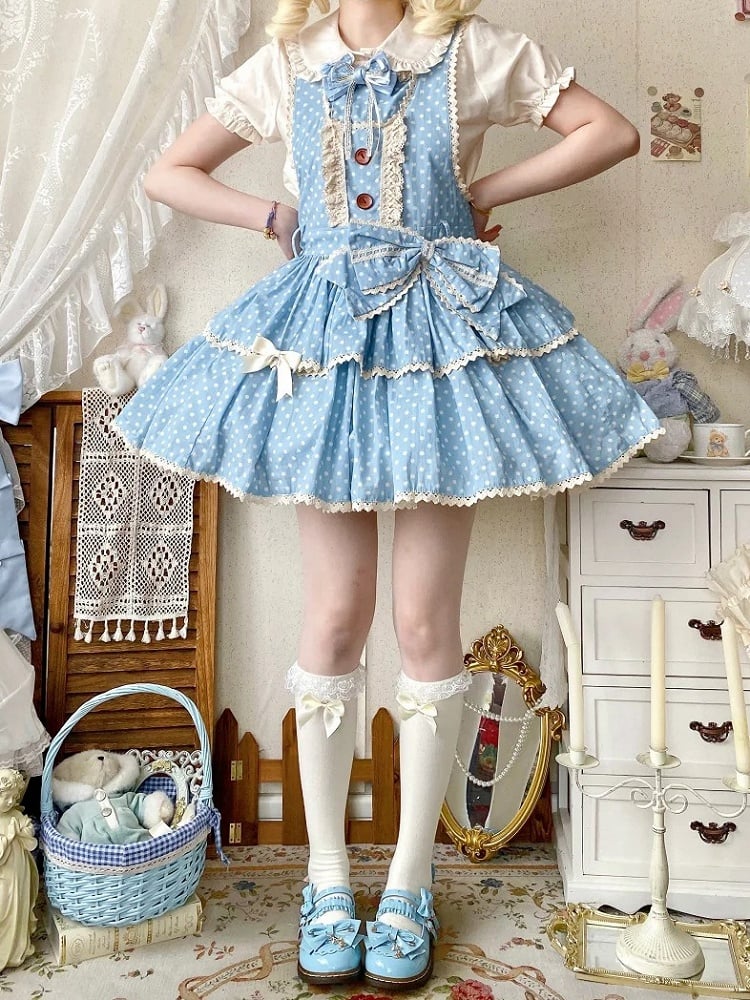 Dress Old Pattern Lolita Polka-dot School Blue Overall