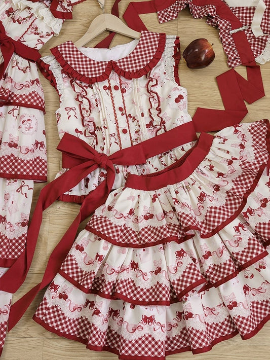 Ensemble haut à col Claudine et jupe à volants cerises à motif vichy rouge