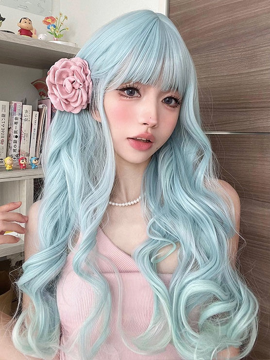 Light Blue 60CM Under Bust Length Wavy Wig With Bangs