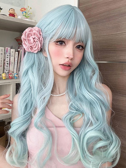Light Blue 60CM Under Bust Length Wavy Wig With Bangs