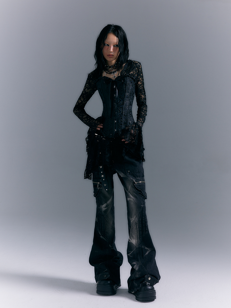 Washed Zippered Flare Black-Grey Studs Jeans Pockets Punk With