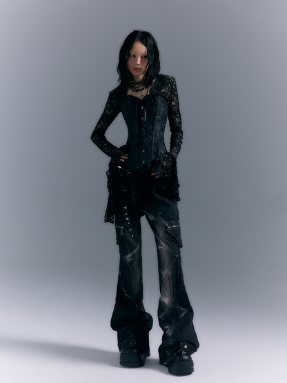 Washed Zippered Flare Black-Grey Studs Jeans Pockets Punk With