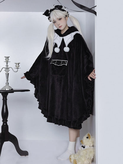 Black Little Ghost Cloak + Spider Web Embroidery Collar