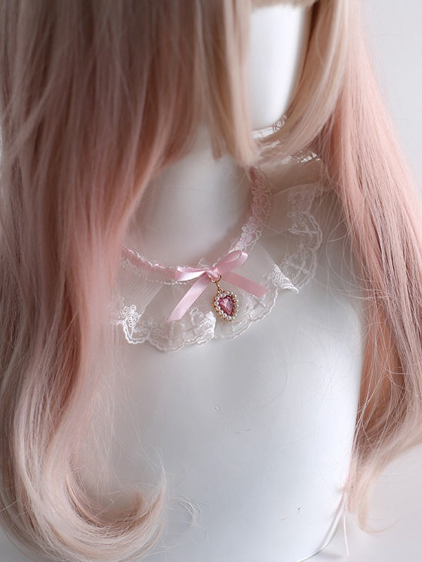 Collier ras du cou en dentelle Lolita rose et blanc avec nœud papillon et breloque en forme de cœur